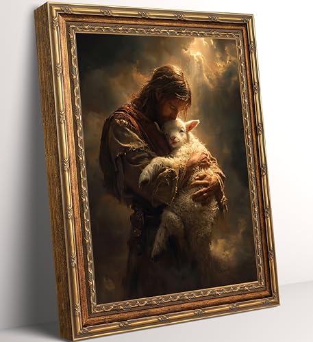 Vintage Gold Framed Jesus and Lamb Wall Art - The Good Shepherd Christian Religious Oil Painting Print, Faith-Based Jesus Holding Lamb Artwork for Home Wall Decor, Ready to Hang 12x16in - color: Jesus the Sheep, size: 12"L x 16"W