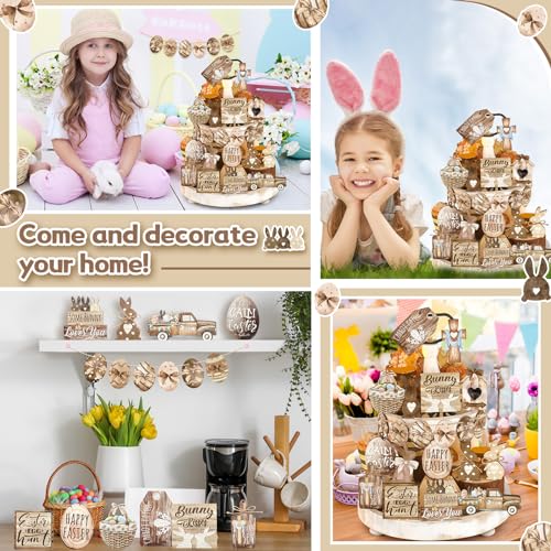 Amyhill 24 Pcs Easter Tiered Tray Decor Bunny Carrot Farmhouse Easter Decorations Spring Wooden Signs Happy Tiered Tray Decor for Home Kitchen Coffee Bar Table Shelf - style: Retro Easter
