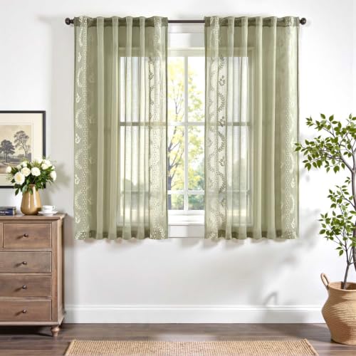jinchan Floral Sheer Curtains, Back Tab 50x63 Inch, 2 Panels Green - color: S | Green, size: 50"W x 63"L (Pack of 2)