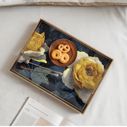 Serving Tray with Handles, 15.7 * 11.8 inches, Plastic Ottoman Tray with Exquisite Paintings, Trays for Coffee Table - color: Golden Rose Night