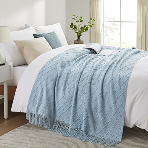 Acrylic Knitted Throw Blanket, 50 x 60 Inches, Light Blue - color: Light Blue