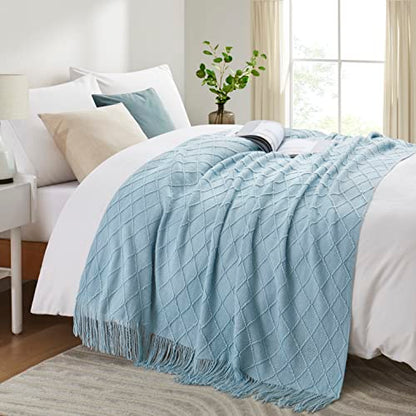 Acrylic Knitted Throw Blanket, 50 x 60 Inches, Light Blue - color: Light Blue