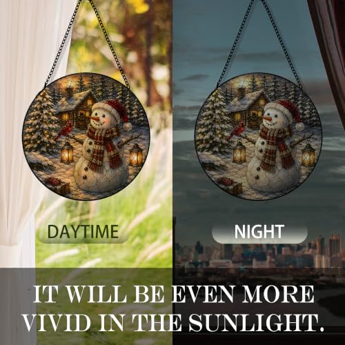 Christmas Snowman Suncatcher Stained Glass Window Hanging, Winter Snowman Cardinal Xmas Sun Catchers Indoor Window Glass Round Wall Decor, Christmas Wall Art Hanging Decorations, 7.8x7.8in - color: Snowman