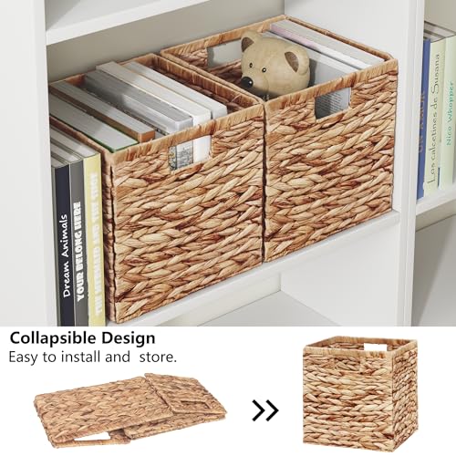 Vagusicc Wicker Storage Basket, Set of 2 Handwoven Water Hyacinth Storage Baskets for Organizing, 13 inch Foldable Storage Cubes with Handles for Laundry Organizer Bins for Bathroom Shelves & Decor - size: 13'' x 13'' x 13''