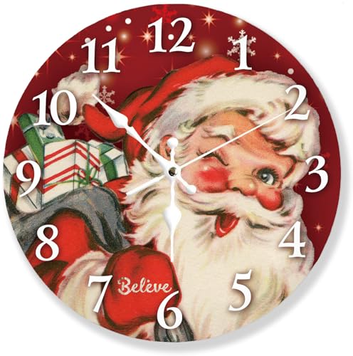 Santa Claus Red Silent Non Ticking Wall Clock 12 Inch, Battery Operated, Christmas Round Wood Wall Clocks, Decorative for Living Room, Kitchen, Bedroom, Bathroom, Dining Room,Office or Gifts - color: Christmas Joy Santa Claus- Red