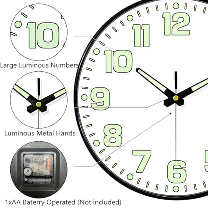 12 Inch Silent Wall Clocks Battery Operated, Glow in the Dark Wall Clock with Easy Read Numbers Non-Ticking Tempered Glass Night Vision Clocks for Living Room Office Gym Bedroom, Modern White - color: White Green, size: 12 Inch