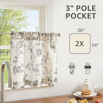 jinchan Floral Linen Kitchen Tier Curtains, 24 Inch, 2 Panels, Black - color: Alisa Black, size: 26"W x 24"L (Pack of 2)