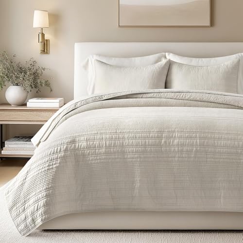 EVERGRACEHOME 100% Cotton Modern Lines Quilt Set Queen Size, Birch - color: Birch, size: Full/Queen (92" X 92")