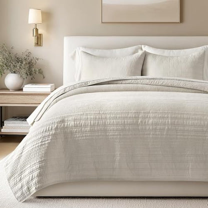 EVERGRACEHOME 100% Cotton Modern Lines Quilt Set Queen Size, Birch - color: Birch, size: Full/Queen (92" X 92")