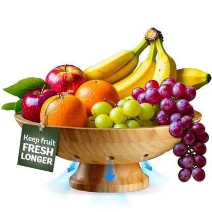 Wooden Fruit Bowl for Kitchen Counter, Bamboo Pedestal Fruit Basket, Vented - color: Bamboo