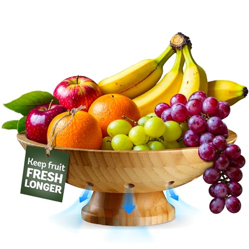 Wooden Fruit Bowl for Kitchen Counter, Bamboo Pedestal Fruit Basket, Vented - color: Bamboo