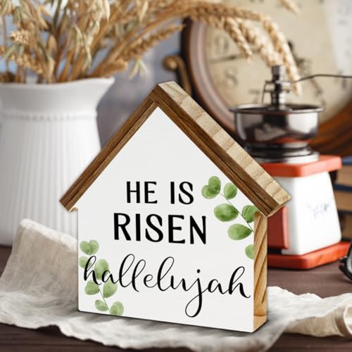 He Is Risen Sign Decor, Easter House Shaped Wood Block Sign - color: HE-1