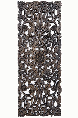 Large Carved Wood Floral Wall Panel. Tropical Asian Home Decor in Dark Brown Finish, Size 35.5"x13.5"