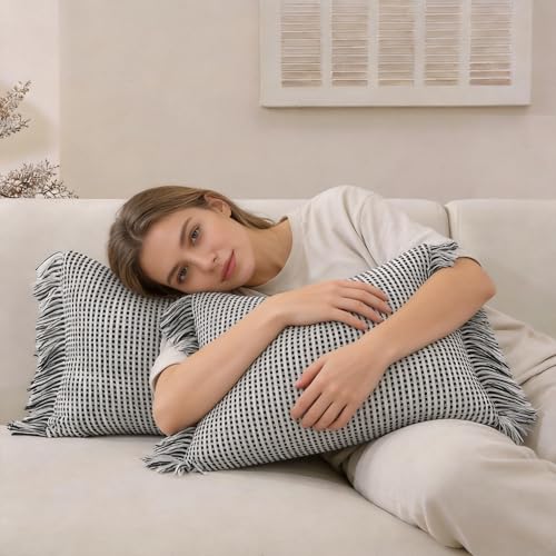 Handmade Tassel Boho Striped Fringe Pillow Covers Set of 2-20x12 Inch - color: Black, size: 20" x 12" (Pack of 2)