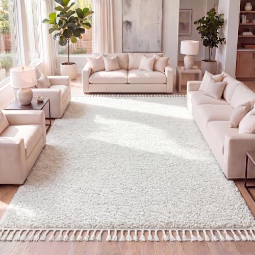 JONATHAN Y Mercer Shag Plush Tassel White Indoor Area Rug, 4x6, Contemporary, Modern, Easy-Cleaning for Living Room, Bedroom, Kitchen, Pet Friendly, Non-Shedding (MCR100A-4) - color: White With Tassel, size: 4' x 6' (Rectangular)