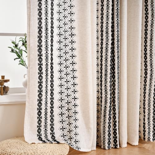 Black and Cream Boho Embroidered Curtains for Living Room 72 Inch - color: Striped-black, size: 52"W x 72"L (Pack of 2)