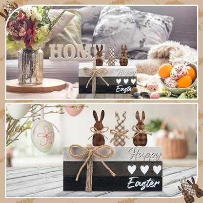 6 Pcs Easter Tiered Tray Decor Wooden Farmhouse Faux Stacked Books Easter Bunny Rabbit Decorative Table Centerpiece Block Signs for Party Home Kitchen Dining Table Decor - size: Happy Easter