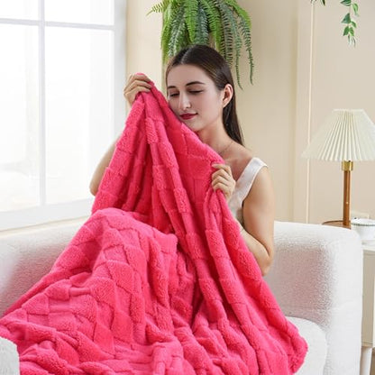 Hot Pink Fleece Throw Blanket for Couch Sofa 50”x60” with Diamond Checkered - color: Hot Pink, size: Throw(50"x60")