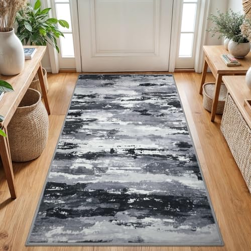 Abstract Washable Rugs for Entryway 3x5 Area Rug Non Slip Door Mat | Black Grey;Thin Printed Faux Wool Kitchen Rugs;Indoor Front Door Rug;Entry Rug;Floor Carpet;Throw Rugs for Living Room - color: Charcoal Black Gray / White, size: 3' x 5' (Rectangular)