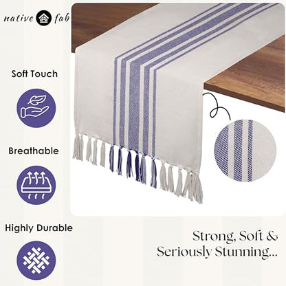 Native Fab Blue Stripe Table Runner - 90 Inches Long Boho Table Covers with Tassels - 100% Cotton, Tight Weave, Nonslip Tablerunner for Dining, Kitchen, Dresser, Wedding, 14"x90" - Blue and White - color: Blue White, size: 14x90