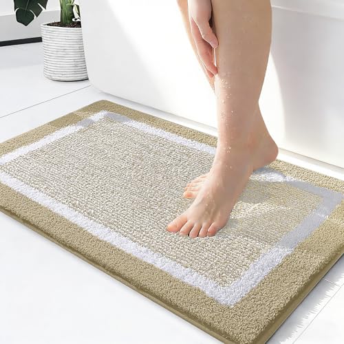 OLANLY Small Bathroom Rugs 24x16, Absorbent Microfiber Bath Rugs, Beige - color: Beige and White, size: 24" X 16"