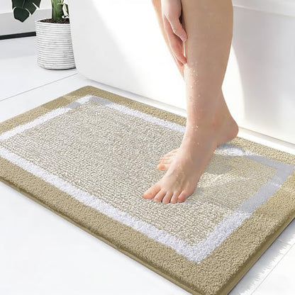 OLANLY Small Bathroom Rugs 24x16, Absorbent Microfiber Bath Rugs, Beige - color: Beige and White, size: 24" X 16"