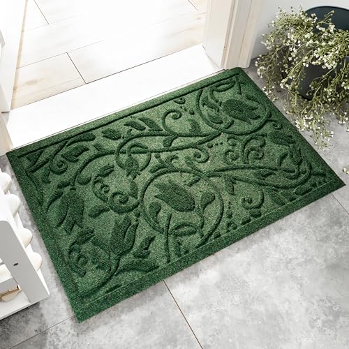 Boho Green Floral Leaves Outdoor Indoor Entrance Doormats, Absorbent Durable Heavy Duty Welcome Front Door Mat,Thick Natural Rubber Back,Easy Clean Entryway Mat 17x30 Inch, Low Profile - color: Tulip-green, size: 1'5" x 2'6" (Rectangular)