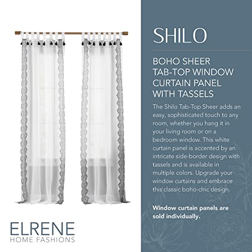 Shilo Boho Sheer Tab Top Window Curtain Panel with Tassels, Black - 52" W x 95" L