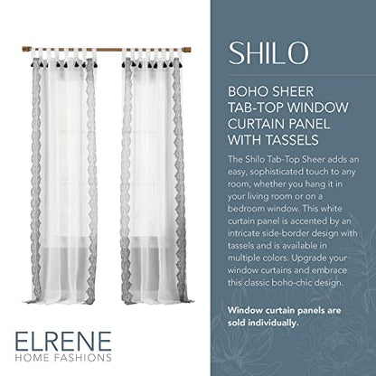 Shilo Boho Sheer Tab Top Window Curtain Panel with Tassels, Black - 52" W x 95" L