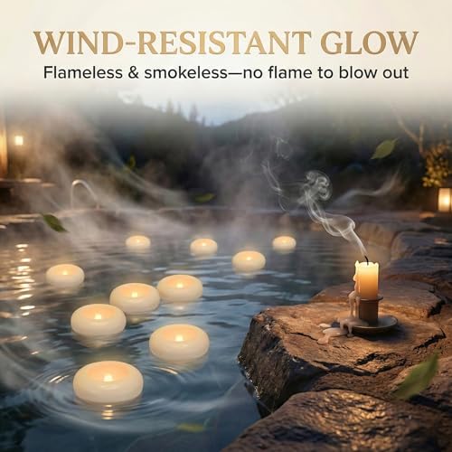 Aignis 24 Pack Waterproof Flameless Floating Candles, 200-Hour Battery Operated 2.2" LED Tea Lights, Water-Activated Flickering Warm White Glow for Pool, Wedding Centerpieces, Bath & Spa - size: D 2.2'' x W 2.2'' x H 1''