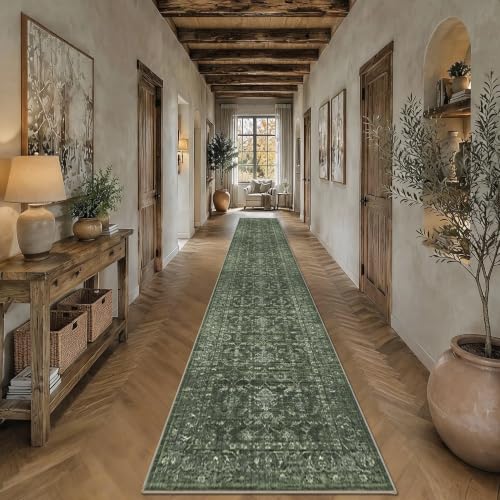 3x14 Washable Kitchen Runner Rug Soft Vintage Dark Green Throw Carpet - color: Dark Green, size: 3' x 14' (Runner)