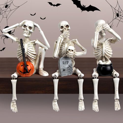 Halloween Skeleton Statue Set of 3, See Speak Hear No Evil Figurines - color: White