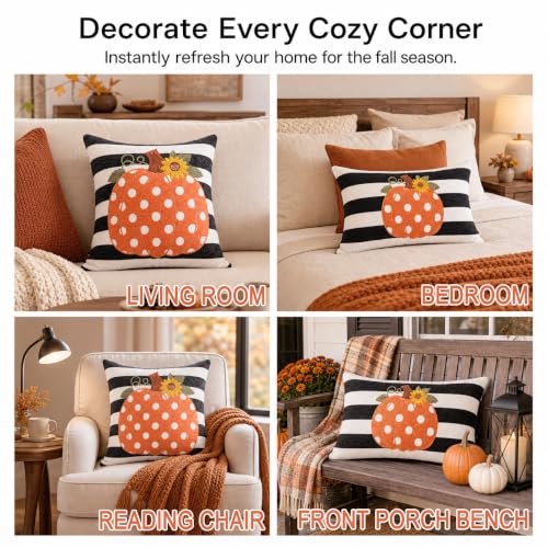 Fall Pillow Covers 20x20 Set of 2, Embroidered Orange Pumpkin - color: Black & White Stripe Pumpkin（appliqué）, size: 20" x 20" (Pack of 2)