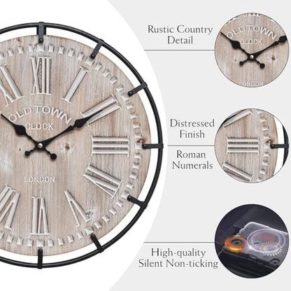 EMAX HOME 12 Inch Farmhouse Wall Clock Rustic Antique Wood with Metal Circle and Large Engraved Numerals, Silent Battery Operated Wall Clock for Office Kitchen Bedroom Living Room - color: Brown, size: 12 Inch Roman numerals
