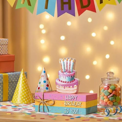 Smile Birthday 나무 장식, 미니 인조 책 번들, 나무 사인 블록 다채로운 생일 축하 계층형 트레이 센터피스, 홈 오피스 농가 책상 선반 벽난로 파티 장식용 소박한 테이블 탑 - style: 생일 케이크