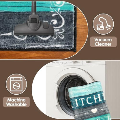 Kitchen Rugs Sets of 3 Non Slip Washable Mats for Floor, Wooden - color: Turquoise Teal Wooden