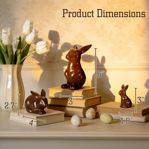 Tuitessine Set of 3 Easter Decorations Chocolate Ceramic Bunny Figurines Spring Home Decor Tiered Tray Desktop Mantle Shelf Table Centerpiece Mantel Display Easter Rabbit Ornaments Ideas