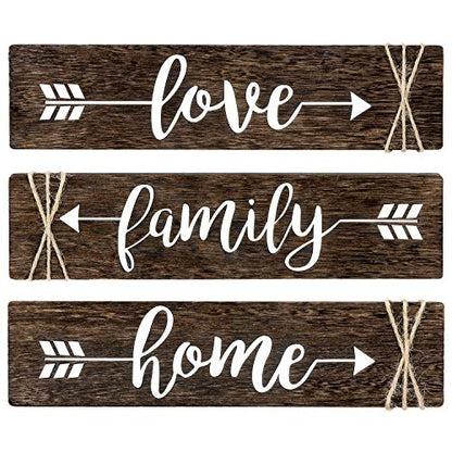 Dahey 3 Pieces Farmhouse Wall Decor Wood Sign Arrow Decor Love Family Home Quote Sign Rustic Wall Art Decoration for Entryway, Living Room, Bedroom, Bathroom, Gift for Mothers Day, 13"x 3", Brown