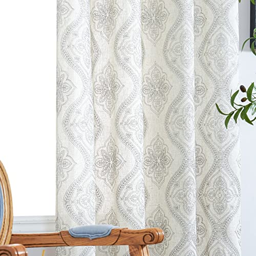 jinchan Boho Floral Linen Curtains 63 Inch Grey on Ecru Grommet 2 Panels - color: Damask Grey, size: 50"W x 63"L (Pack of 2)