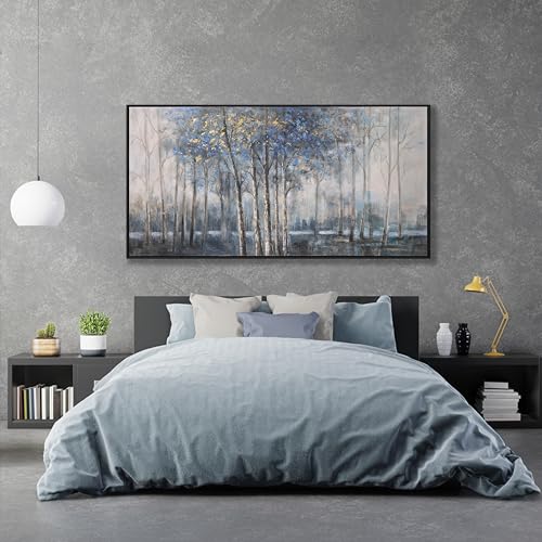 Wall Art Decor Dark Canvas Wall Art Blue Embellishments Plant Grey Misty Forest Abstract Tree Modern Artwork For Living Room Modern Canvas Prints Pictures For Wall Artwork For Bedroom Home Hotel Office Decoration 29x58 Inch - color: Blue Gold, size: 58"L