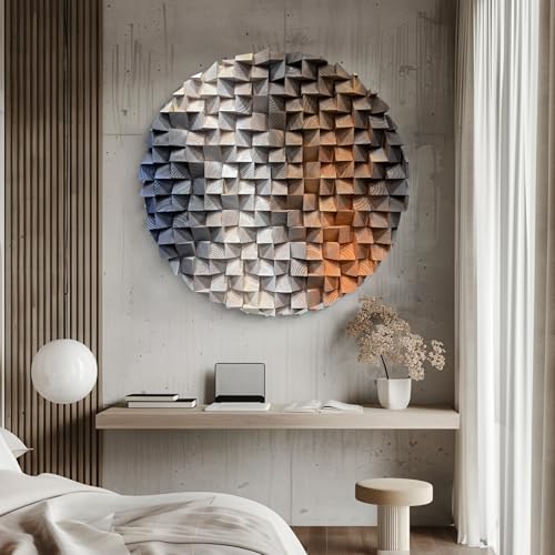 LIUZEYUE Round Wood Wall Art, Split-Tone Cube Mosaic, Modern Wood Accent - color: Blue+Beige+Coffee, size: Ø 23.6"