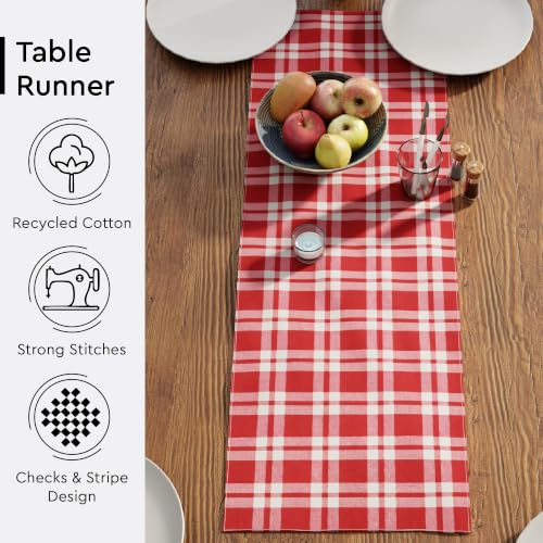 Encasa XO Table Runner, Woven Cotton Dining Linens 13"x36" Red - color: Franca Red Checks, size: 13x36 in