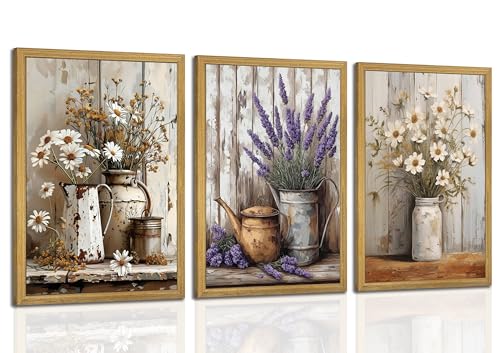 Wood Framed Rustic Floral Wall Art Set of 3, Vintage Daisy Lavender Wildflowers Canvas Prints, Country Farmhouse Flower Poster Picture for Kitchen Living Room Bedroom Bathroom Home Decor 12x16 inch - color: Colorf Floral, size: 16"L x 12"W