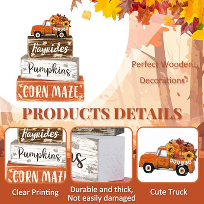 4 Pcs Fall Decor for Home Truck Pumpkin Wooden Signs with Sunflower - style: Truck