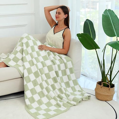 Ultra Soft Checkered Blanket Cozy Buffalo Check Throw Fluffy Knitted Reversible Throw Blanket Lightweight Fleece Checkerboard Grid Blanket for Sofa Couch Bed Travel, Sage Green, 51''x63'' - color: Sage Green