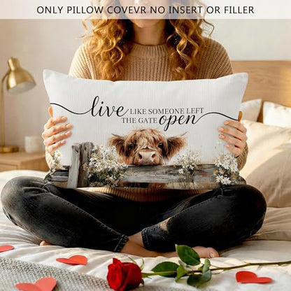 Highland Cow Farmhouse Throw Pillow Covers 12x20, Rustic Cow Decor Decorative Lumbar Pillow Cover Cases, Live Like Someone Left The Gate Open Decor Cushion Cover Pillowcases for Living Room