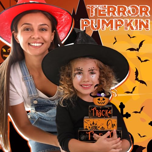 4 Pcs Halloween Table Decor Pumpkin Hat Wooden Sign for Home - style: Witch Pumpkin