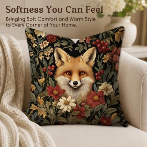 Vintage Fox Flower Whimsical Throw Pillow Cover,Retro Decorative Pillowcase - color: Brown-fox