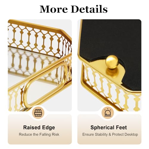 Serving Tray, Gold Perfume Tray 13.8"x9.6" Mirrored Vanity Tray Glass Metal Trinket Storage Tray Decorative Jewelry Tray for Dresser Bathroom Countertop (Rectangular) - size: 13.8" x 9.8" x 2"