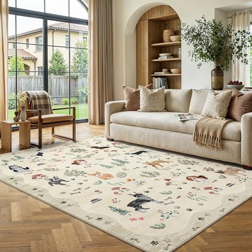 PureCozy Beige Washable Area Rug 5x7 for Living Room Floral Animal Accent - color: Beige/Dog, size: 5' x 7' (Rectangular)